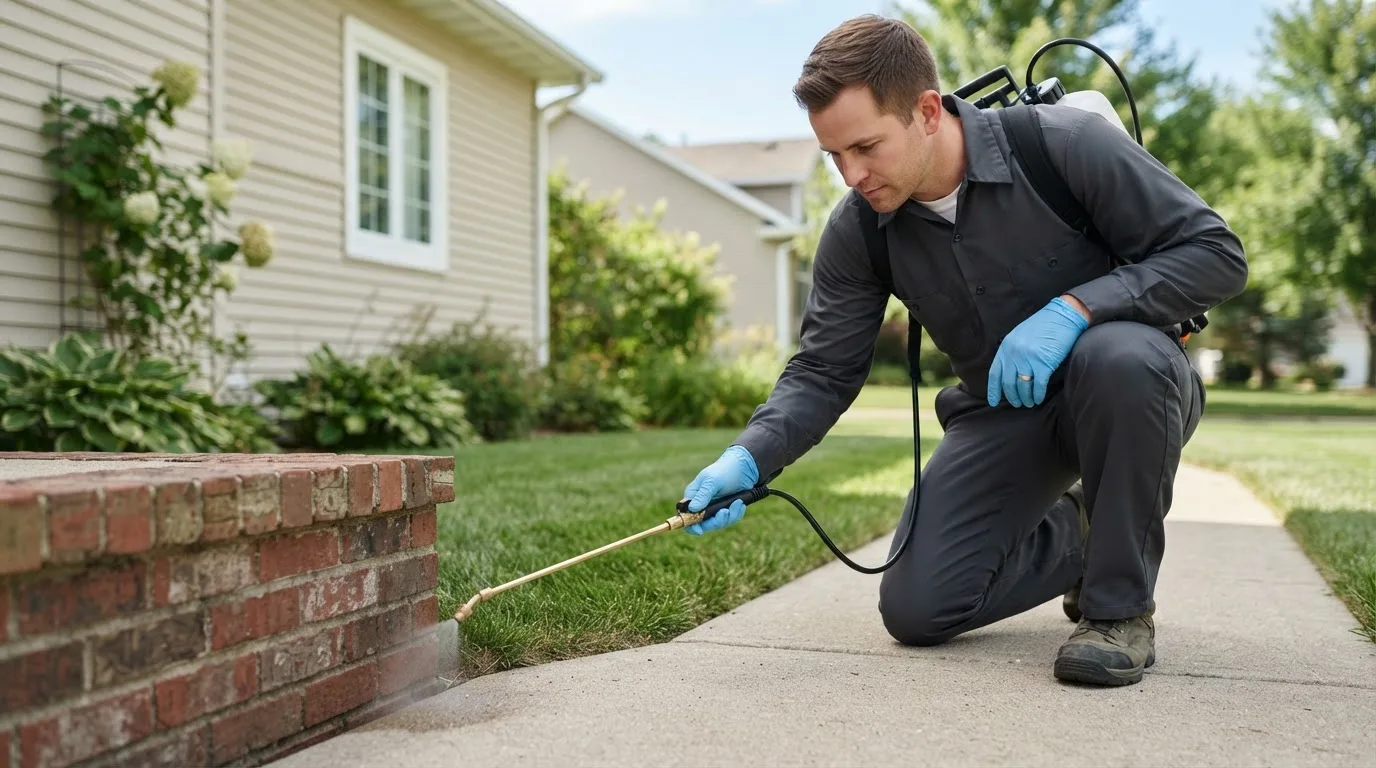 Pest control technician treating a home near Merlin, OR
